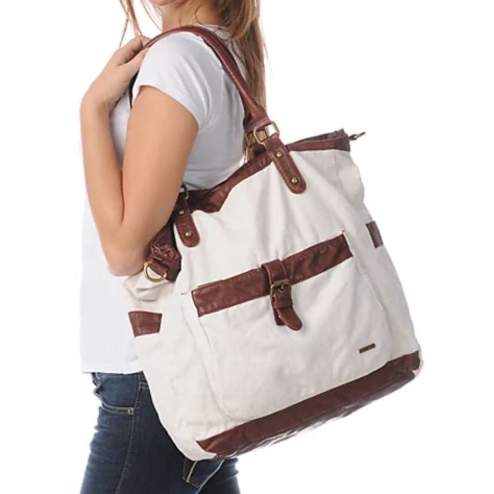 *ISO* *NFS* Hurley White and Brown Canvas Tote Bag with Leather Accents